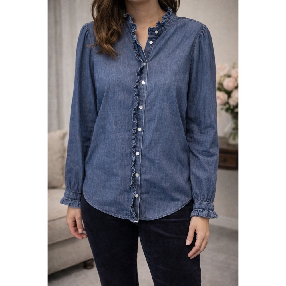 LOFT Womens Medium Wash Ruffle Trim Chambray Buttonโ Down Shirt Blue Small
